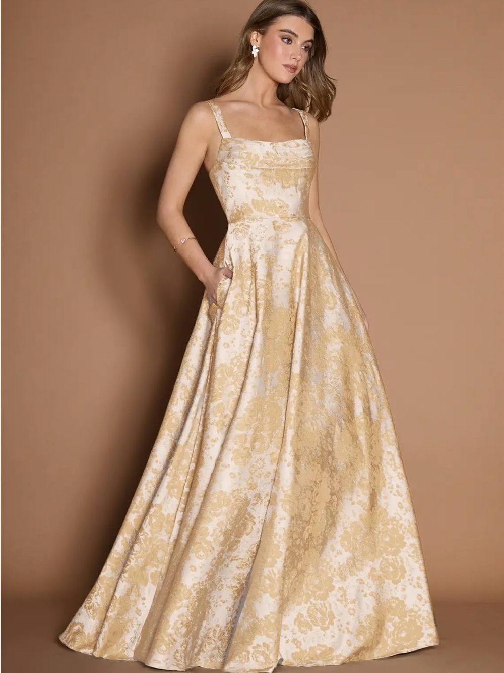 Azazie Gold and Cream Floral Jacquard Maxi Dress - Picture 3 of 9